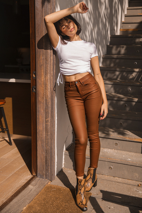 Pull&Bear high waisted faux leather skinny trousers in brown | ASOS